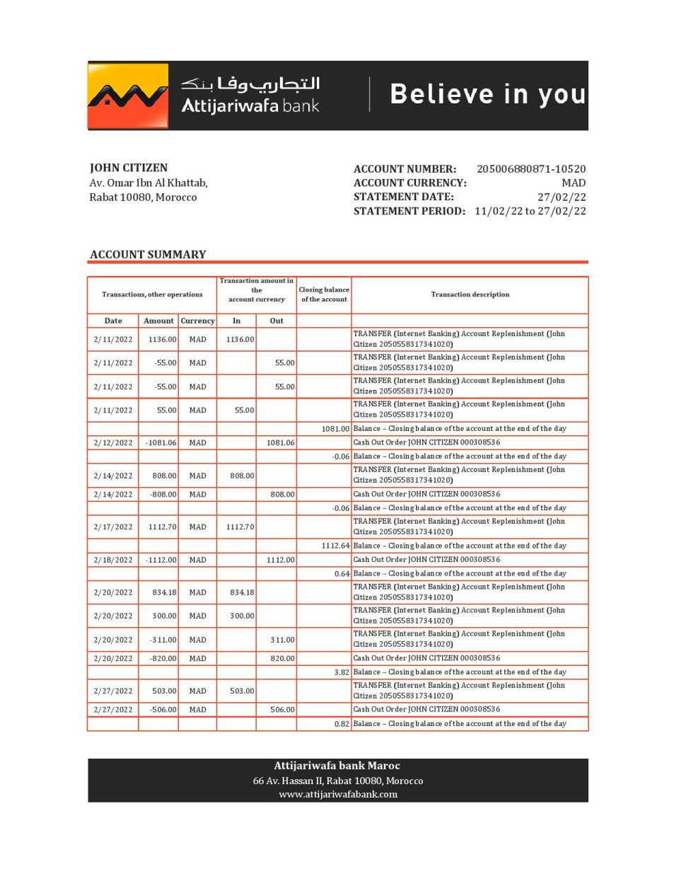 Morocco Attijariwafa bank statement Excel and PDF template