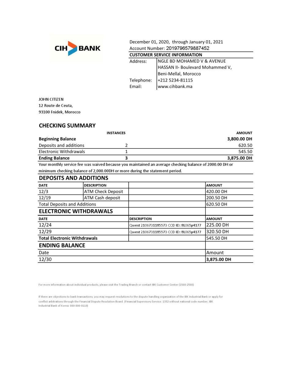 Morocco CIH Bank statement easy to fill template in Excel and PDF format
