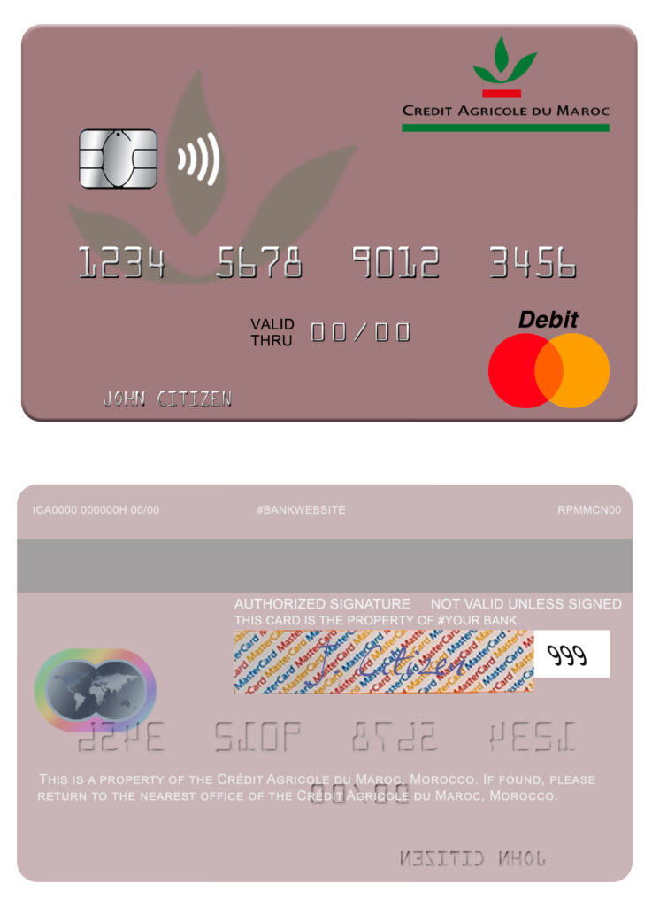 Fillable Morocco Crédit Agricole du Maroc bank mastercard Templates | Layer-Based PSD