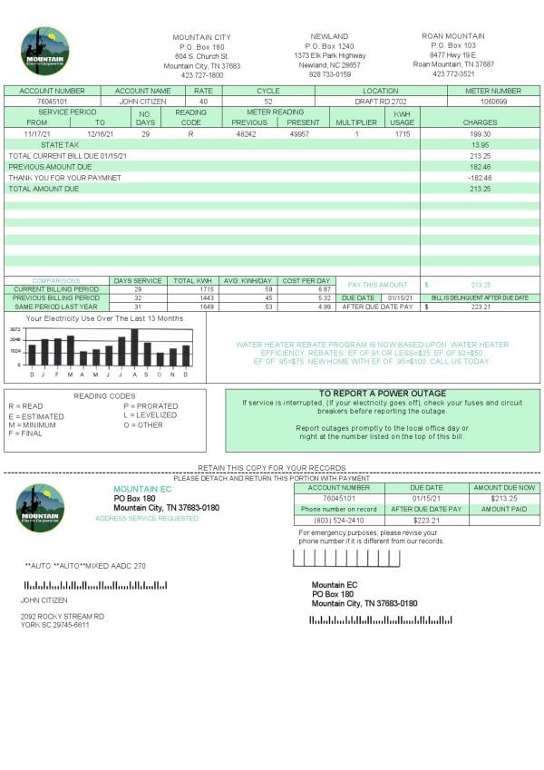 USA Tennessee Mountain Electric Cooperative, Inc. (MEC) utility bill template in Word and PDF format