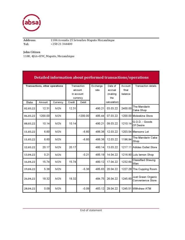 Mozambique ABSA bank statement Excel and PDF template