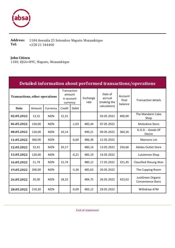Mozambique ABSA bank statement template in Word and PDF format