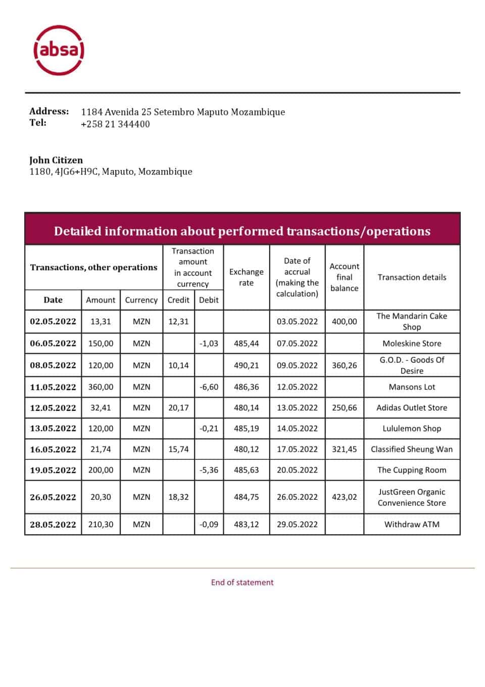 Mozambique ABSA bank statement template in Word and PDF format