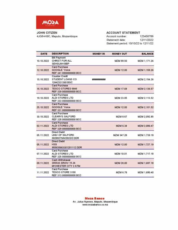 Mozambique Moza bank statement Excel and PDF template