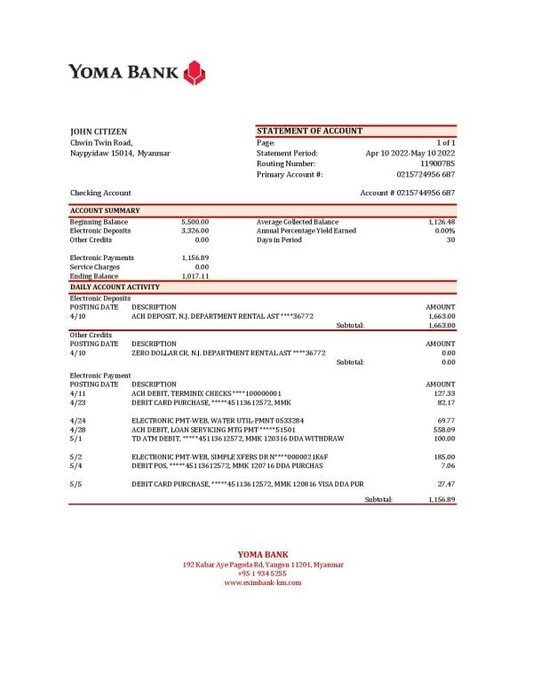 Myanmar Yoma bank statement Excel and PDF template