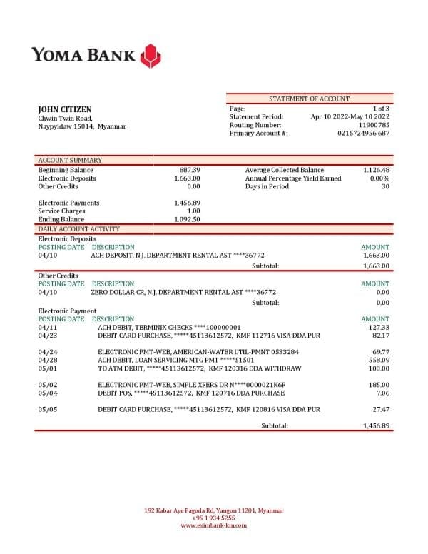 Myanmar Yoma bank statement template in Word and PDF format