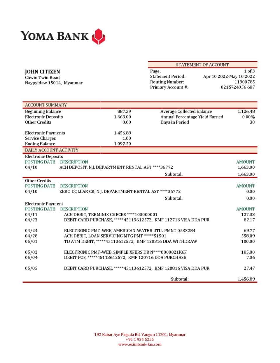 Myanmar Yoma bank statement template in Word and PDF format