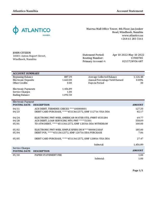 Namibia Atlantico bank statement template in Word and PDF format