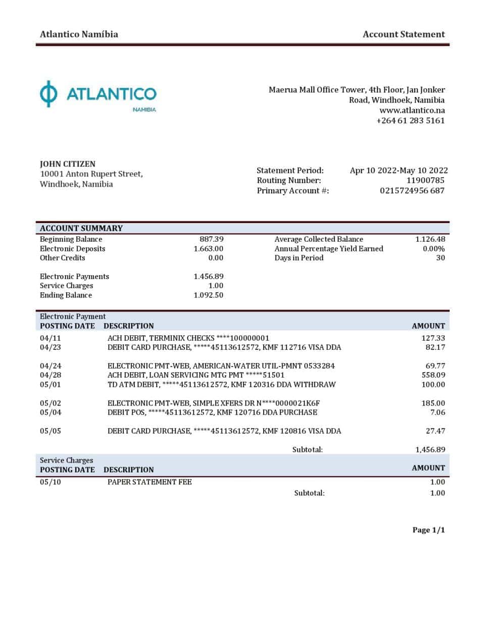 Namibia Atlantico bank statement template in Word and PDF format