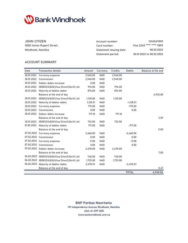 Namibia Bank Windhoek bank statement Excel and PDF template