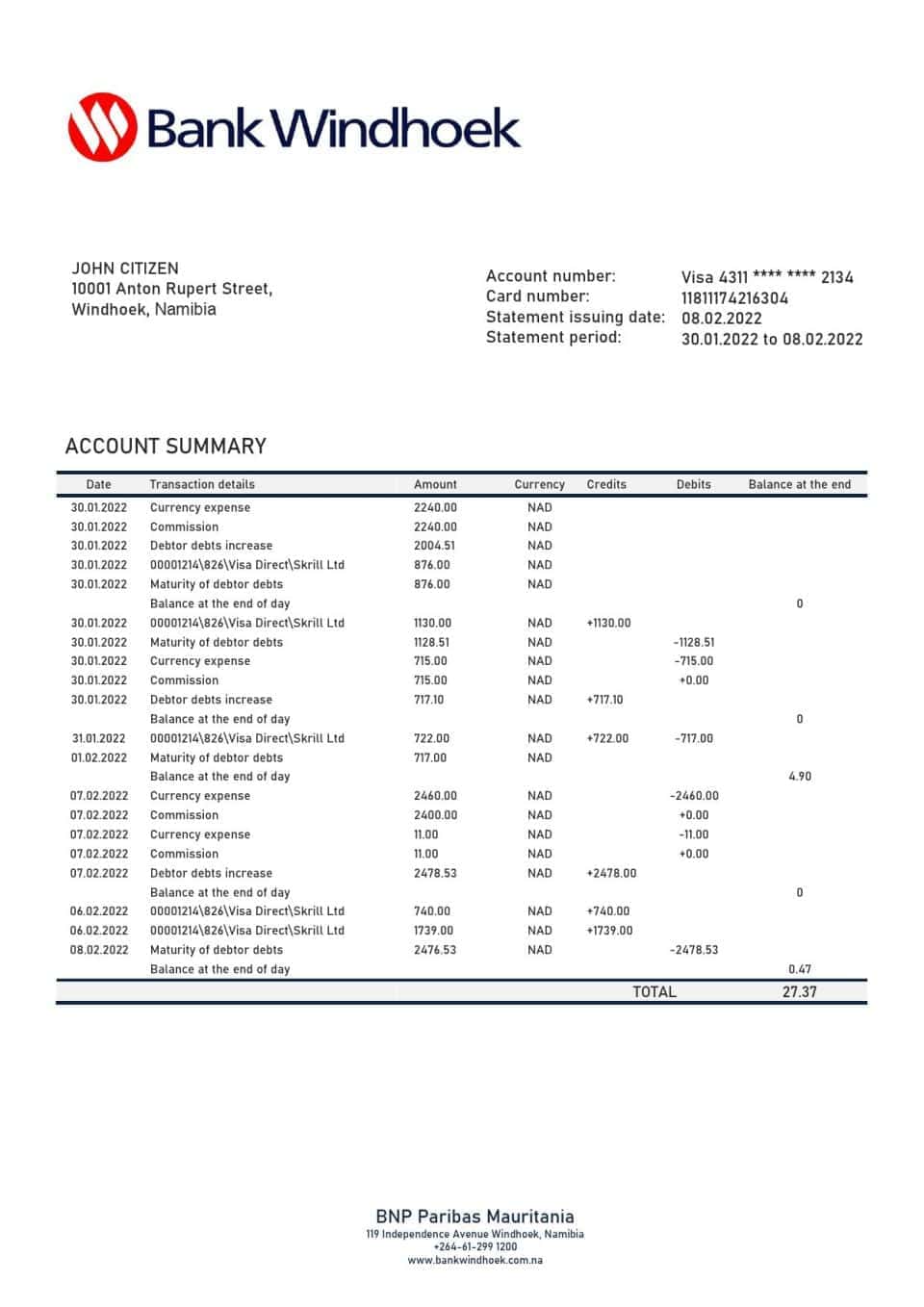 Namibia Bank Windhoek bank statement template in Word and PDF format
