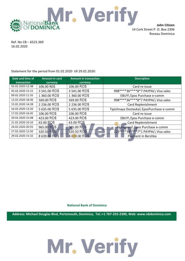 Dominica National Bank of Dominica bank statement template in Word and PDF format