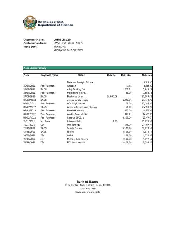 Nauru Bank of Nauru bank statement Excel and PDF template