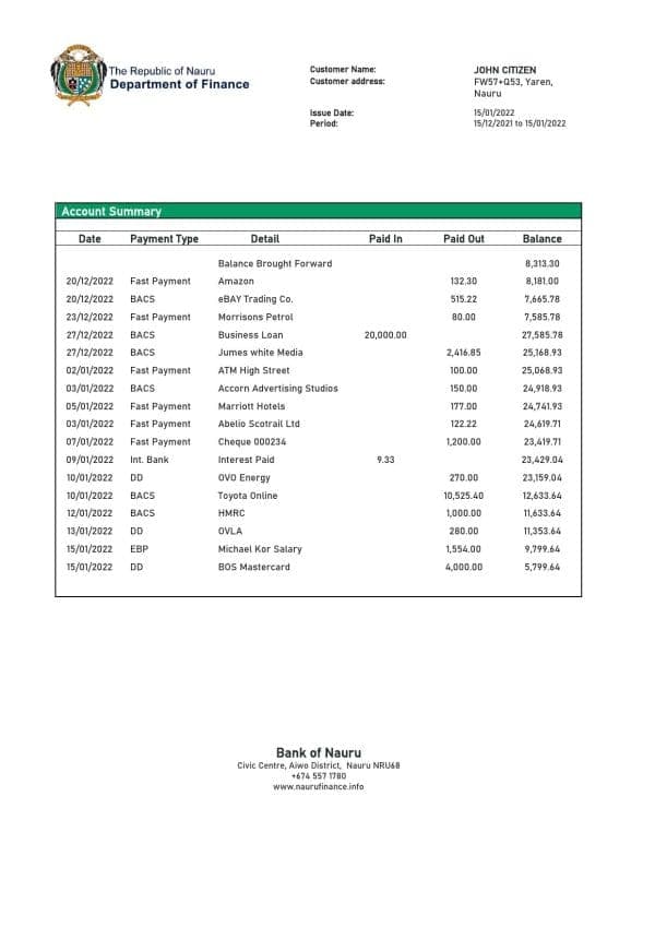 Nauru Bank of Nauru bank statement template in Word and PDF format