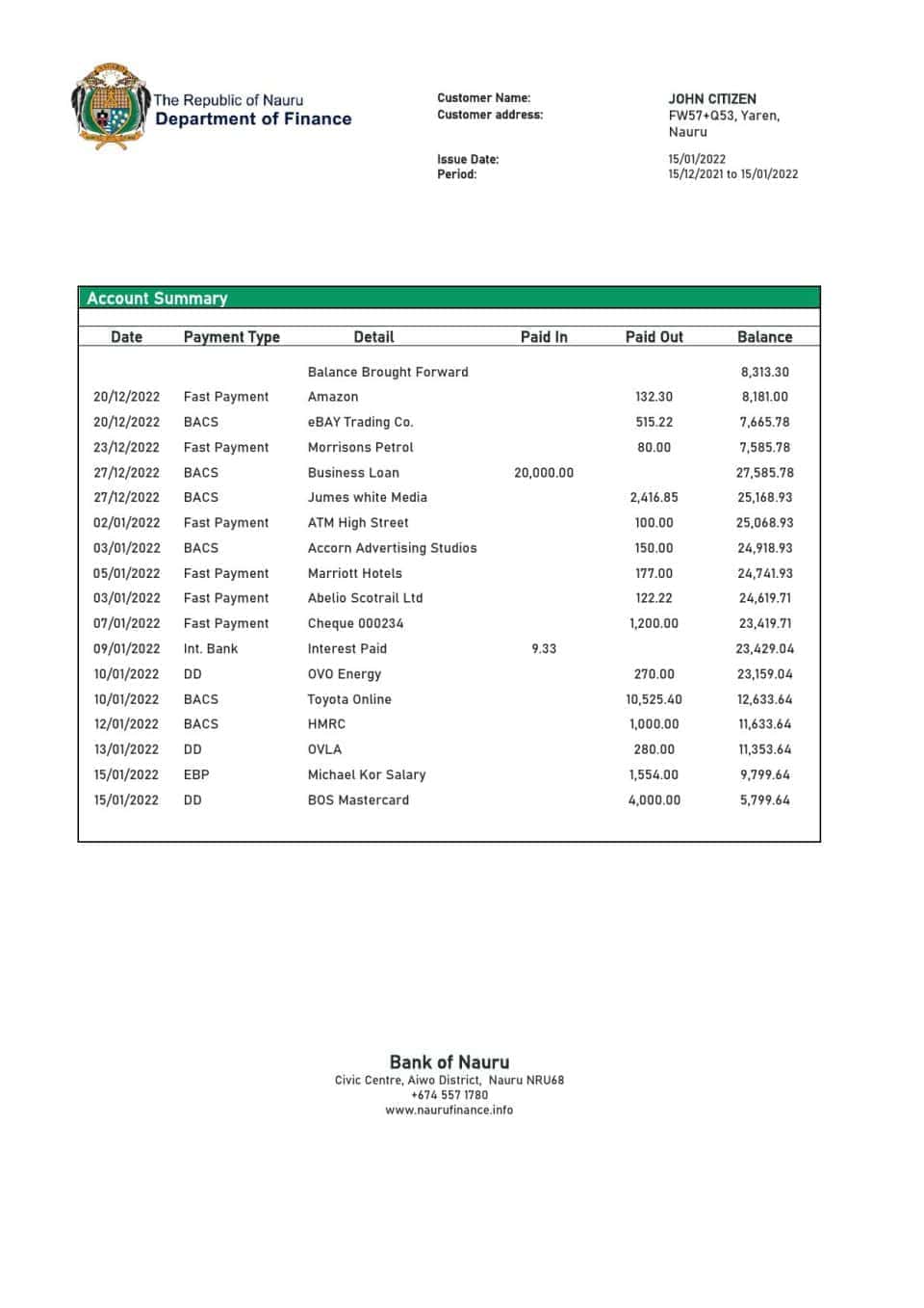 Nauru Bank of Nauru bank statement template in Word and PDF format