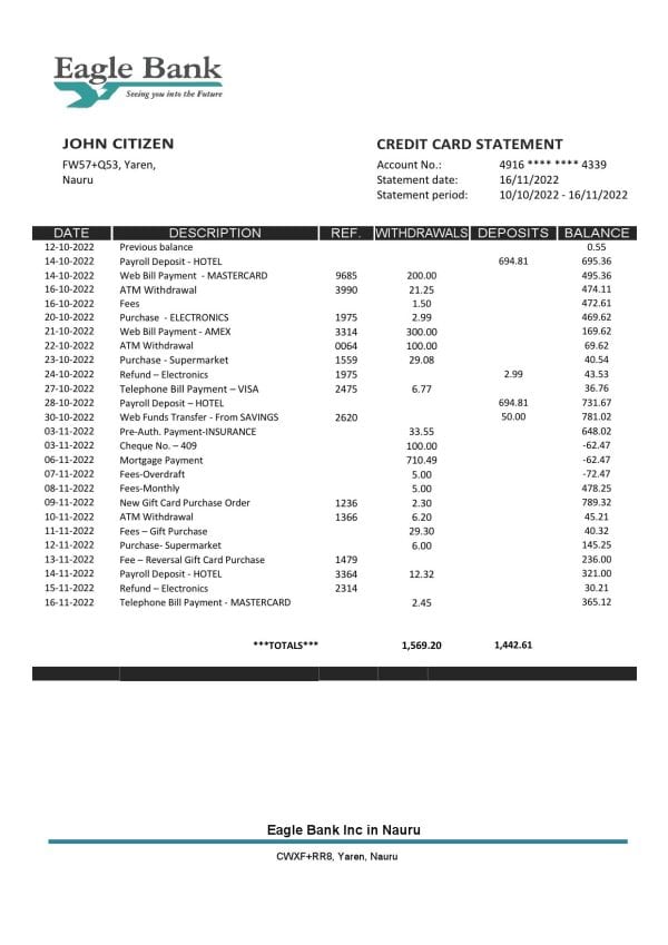 Nauru Eagle bank statement template in Word and PDF format