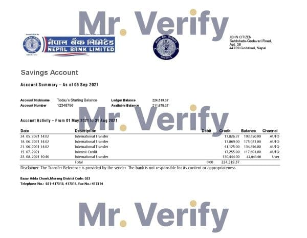 Nepal Bank Nepal bank statement easy to fill template in Excel and PDF format
