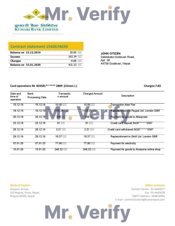 Nepal Kumari Bank proof of address statement template in Word and PDF format