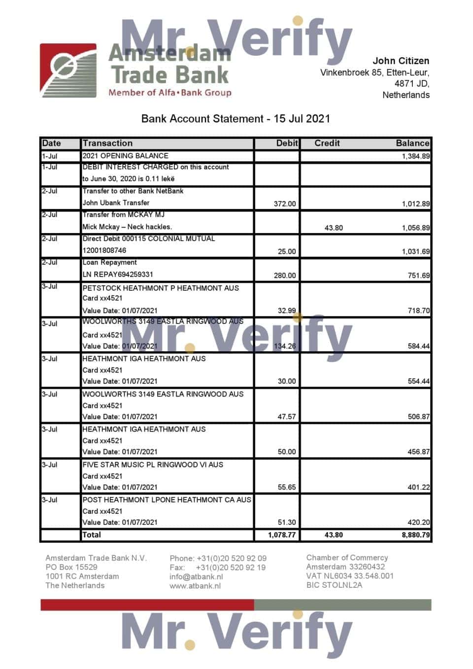 Netherlands Amsterdam Trade Bank statement template in Excel and PDF format