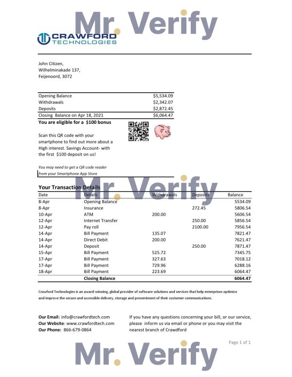 Netherlands Holland Crawford Technologies Bank statement easy to fill template in Excel and PDF format 600x776 - Cart