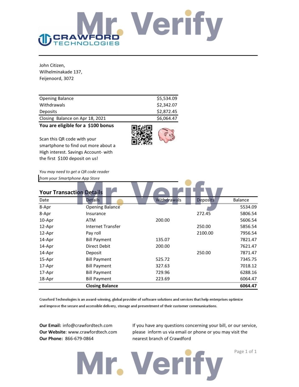 Netherlands (Holland) Crawford Technologies Bank statement easy to fill template in Excel and PDF format