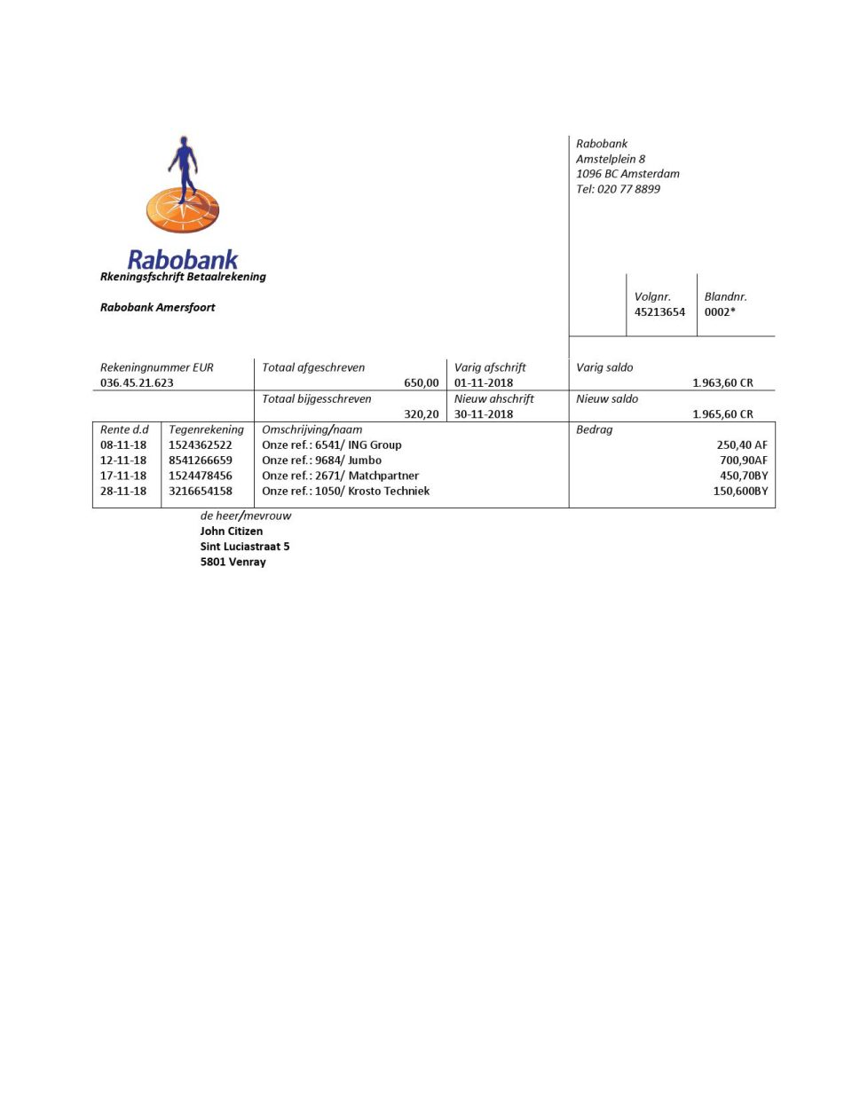 Netherlands Rabobank bank statement easy to fill template in Word and PDF format