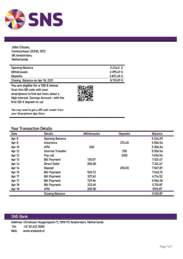 Netherlands SNS bank statement template in Word and PDF format
