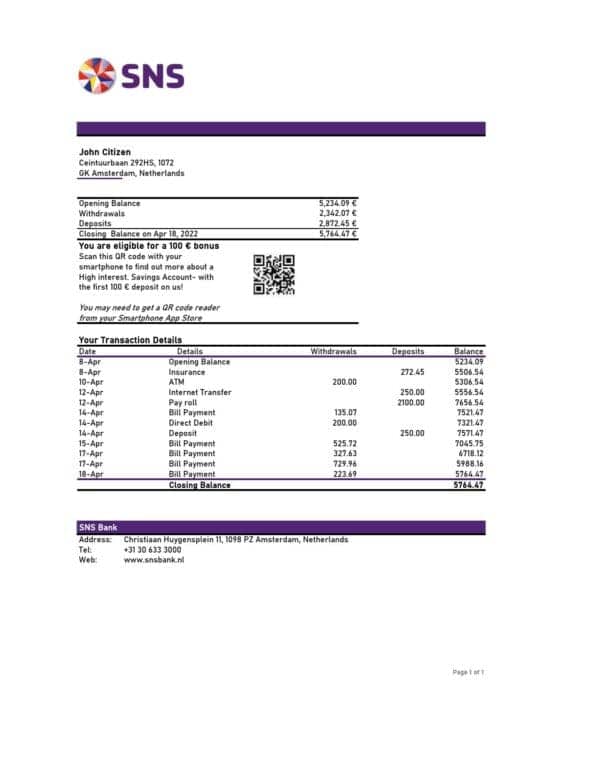 Netherlands SNS bank statement Excel and PDF template