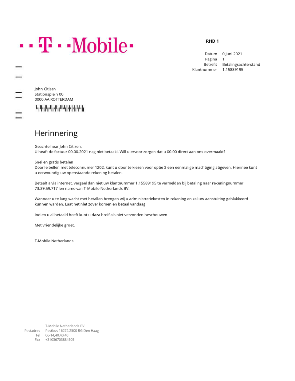 Netherlands T-Mobile utility bill template in Word and PDF format