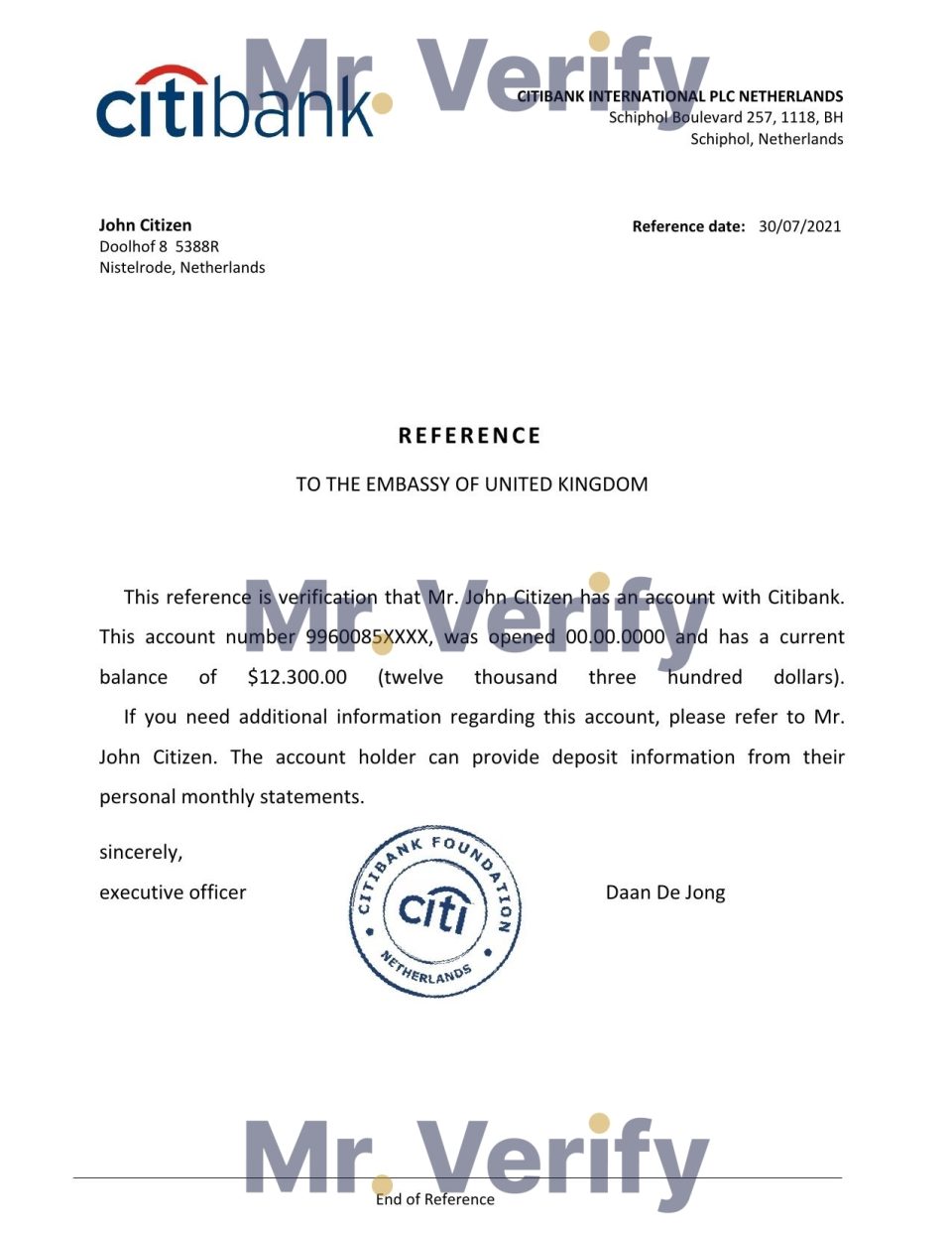 Download Netherlands Citibank Bank Reference Letter Templates | Editable Word