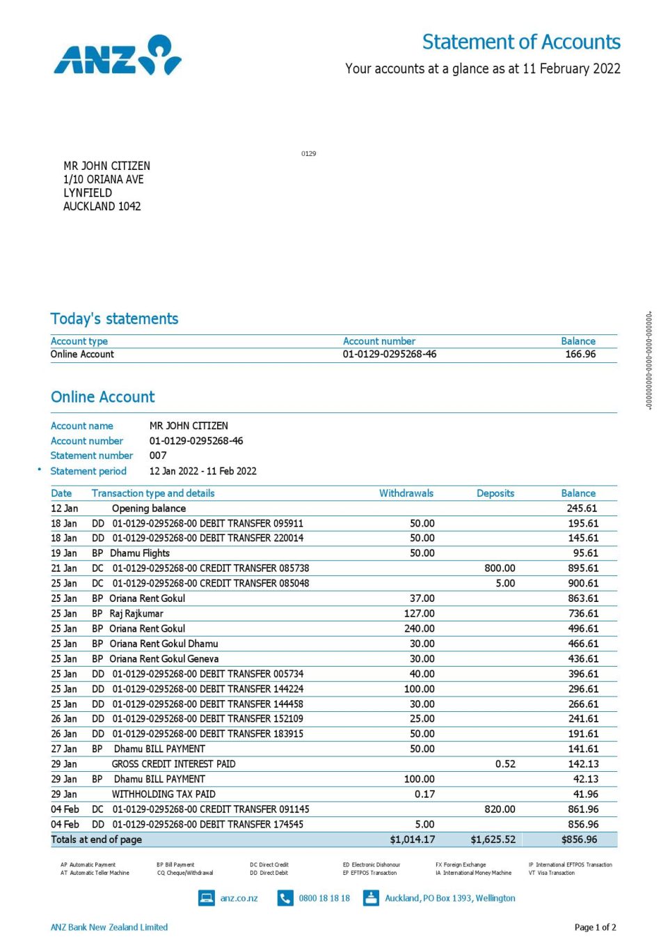 New Zealand ANZ bank account statement, Word and PDF template, 2 pages
