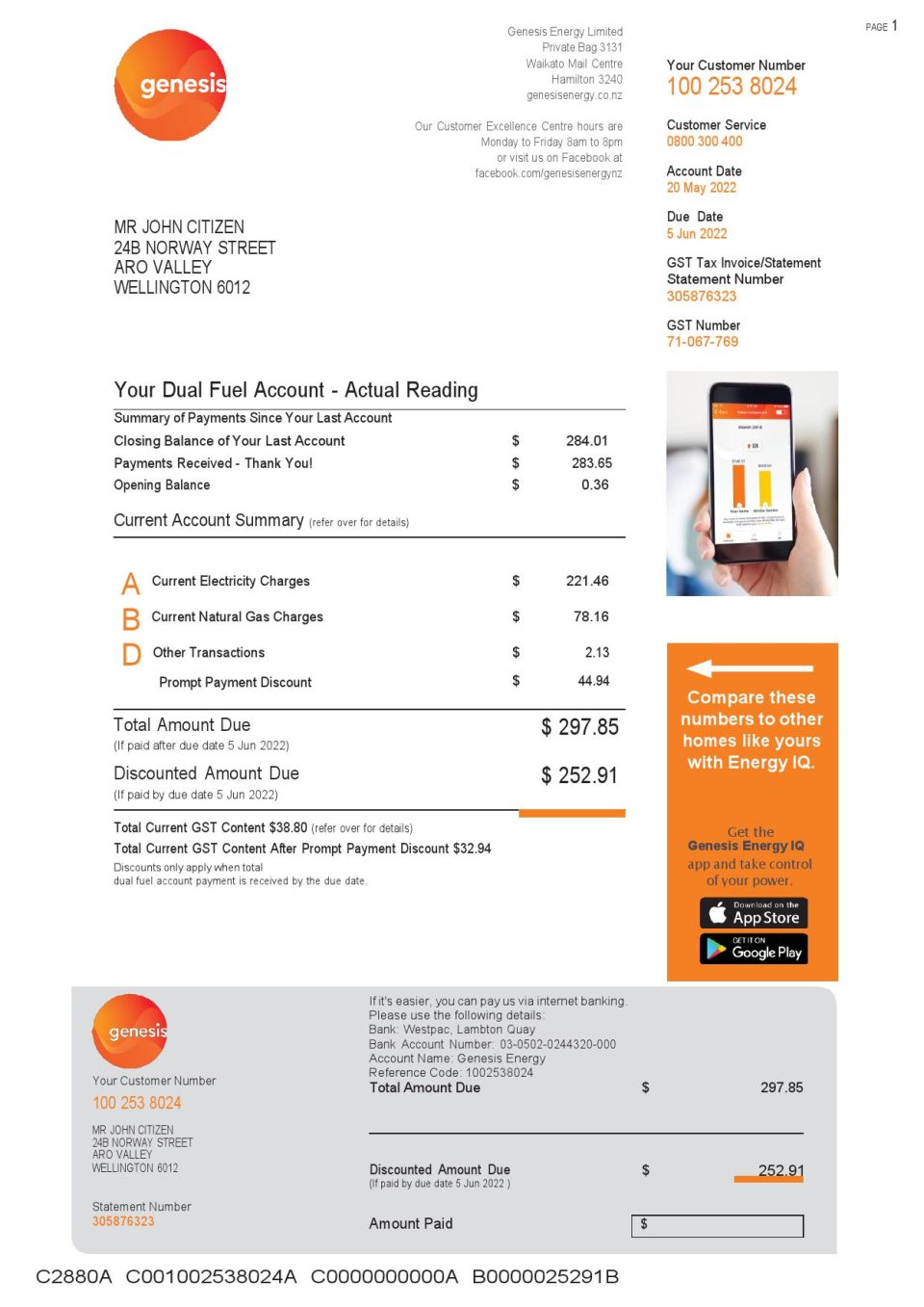 New Zealand Genesis Gas utility bill template in Word and PDF format, 3 pages