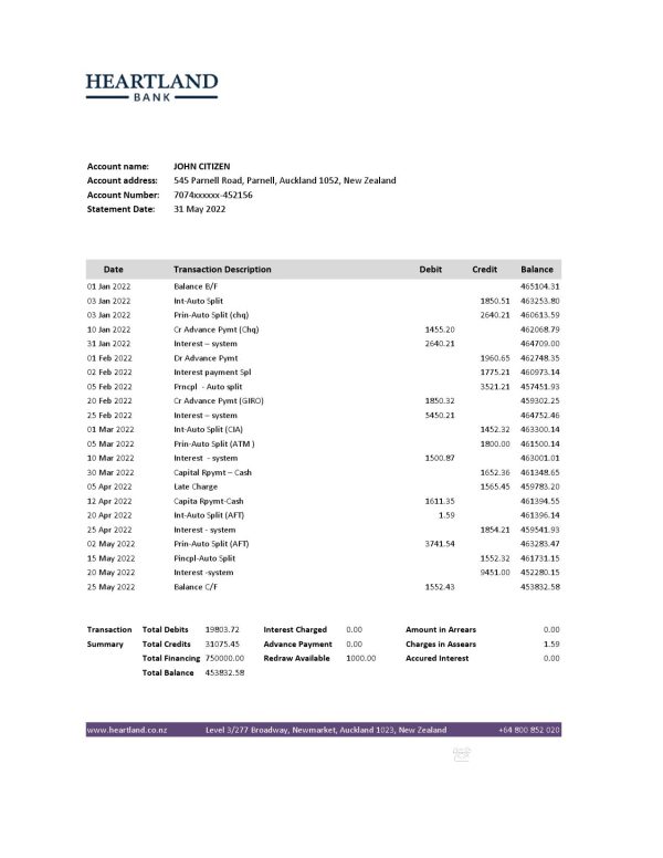 New Zealand Heartland bank statement Excel and PDF template