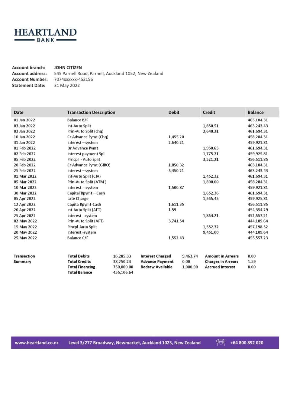 New Zealand Heartland bank statement template in Word and PDF format