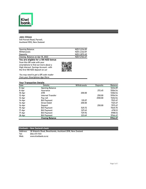 New Zealand Kiwibank bank statement Excel and PDF template 600x776 - Cart