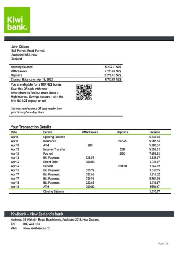New Zealand Kiwibank bank statement template in Word and PDF format