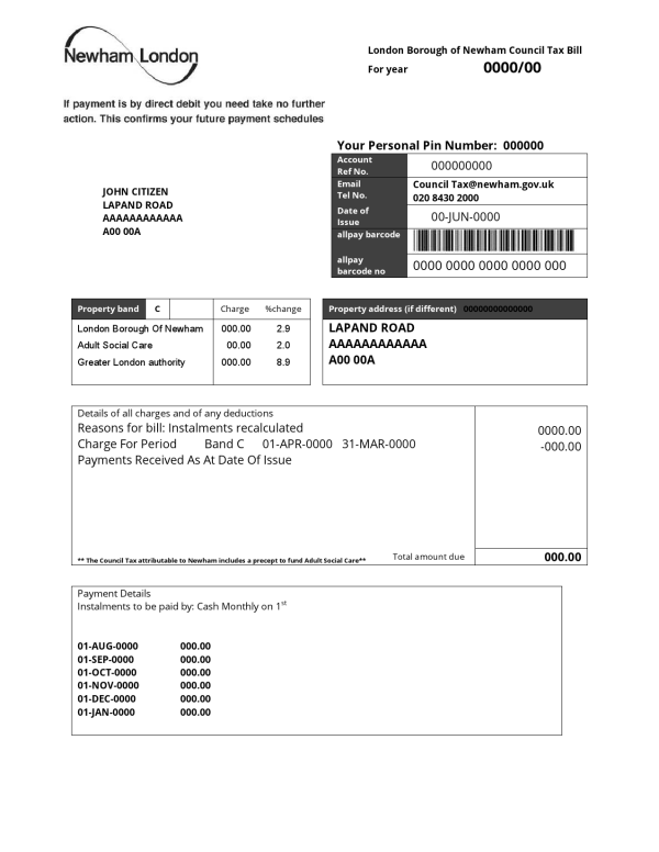 United Kingdom London of Borough of Newham council tax bill template in Word and PDF format