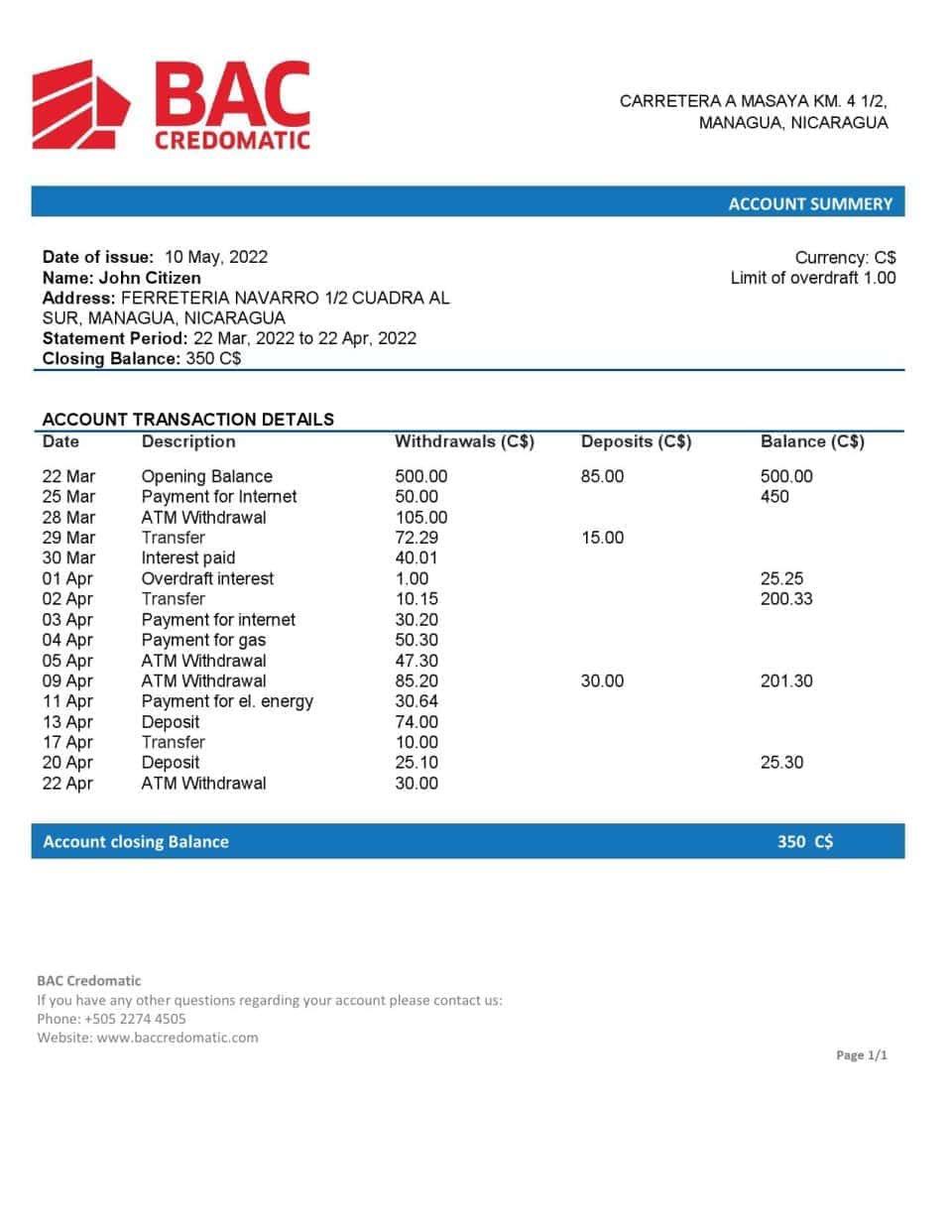 Nicaragua BAC Credomatic bank statement template in Word and PDF format