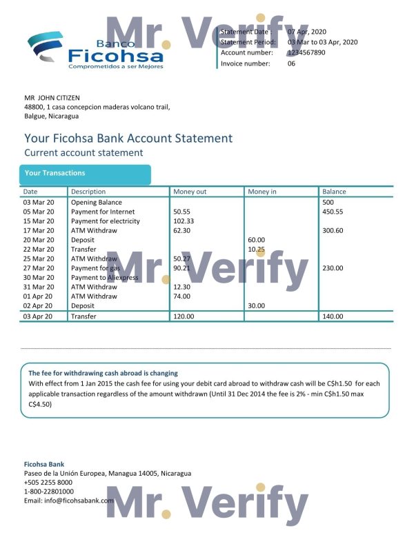 Nicaragua Banco Ficohsa bank proof of address statement template in Word and PDF format, .doc and .pdf format