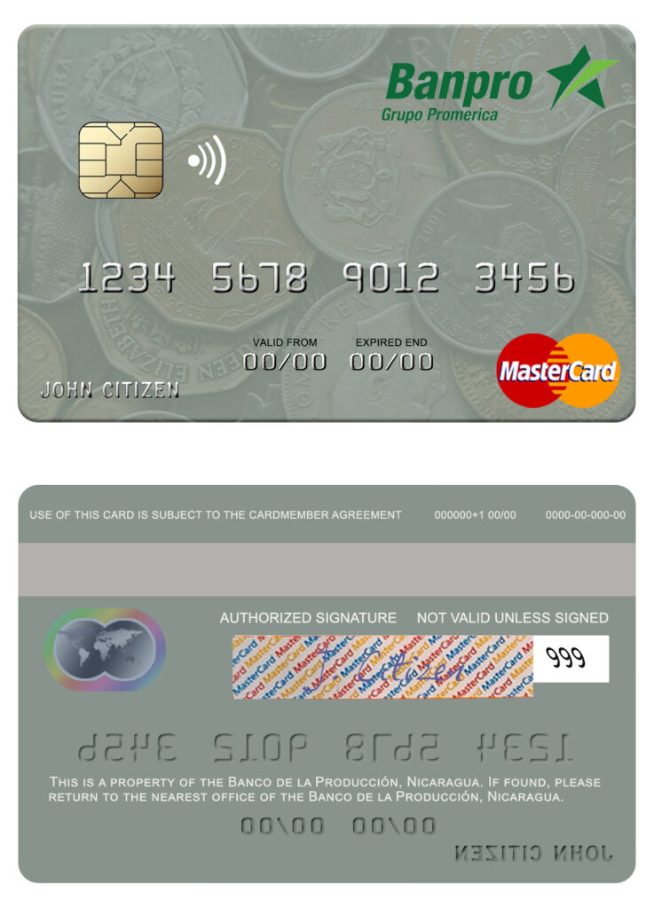 Editable Nicaragua Banco de la Producción mastercard credit card Templates in PSD Format