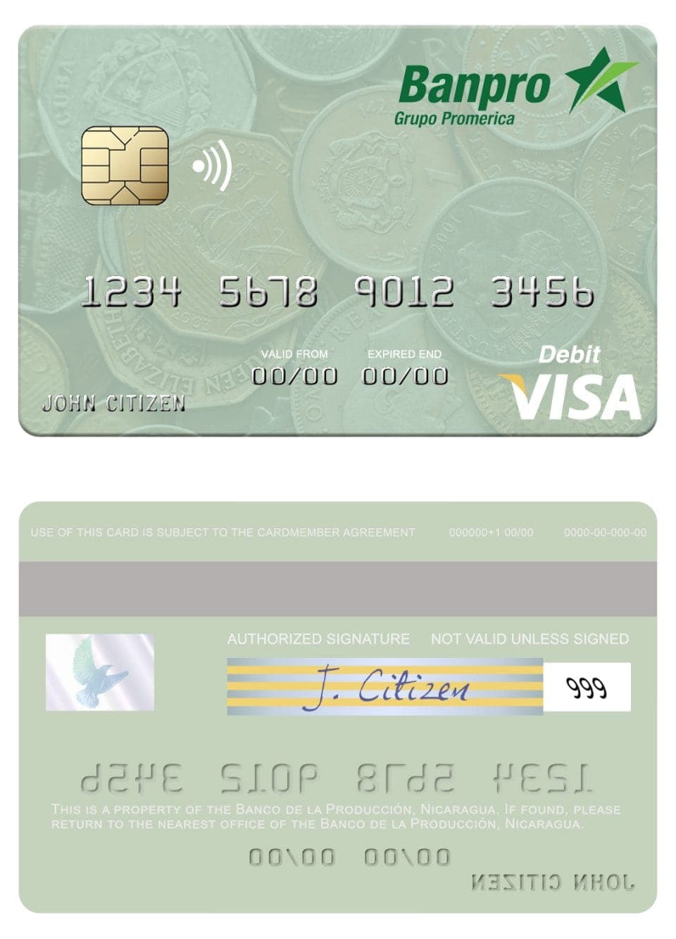 Fillable Nicaragua Banco de la Producción visa debit card Templates | Layer-Based PSD