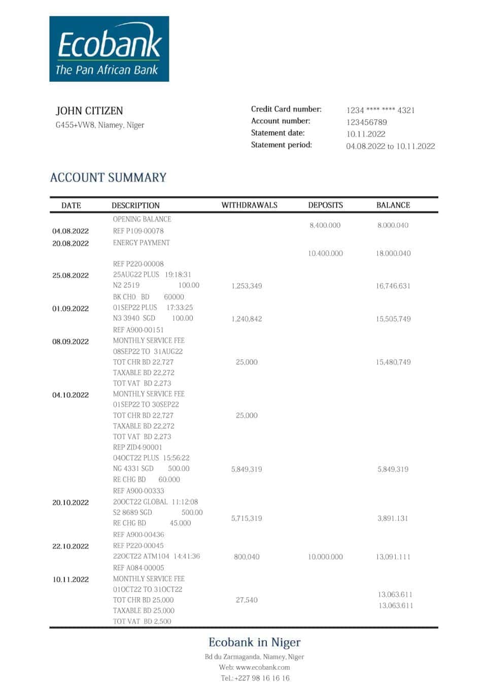 Niger Ecobank bank statement template in Word and PDF format