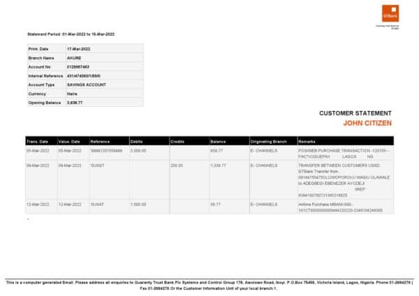 Nigeria Guaranty Trust Bank (GTBank) savings account statement Word and PDF template