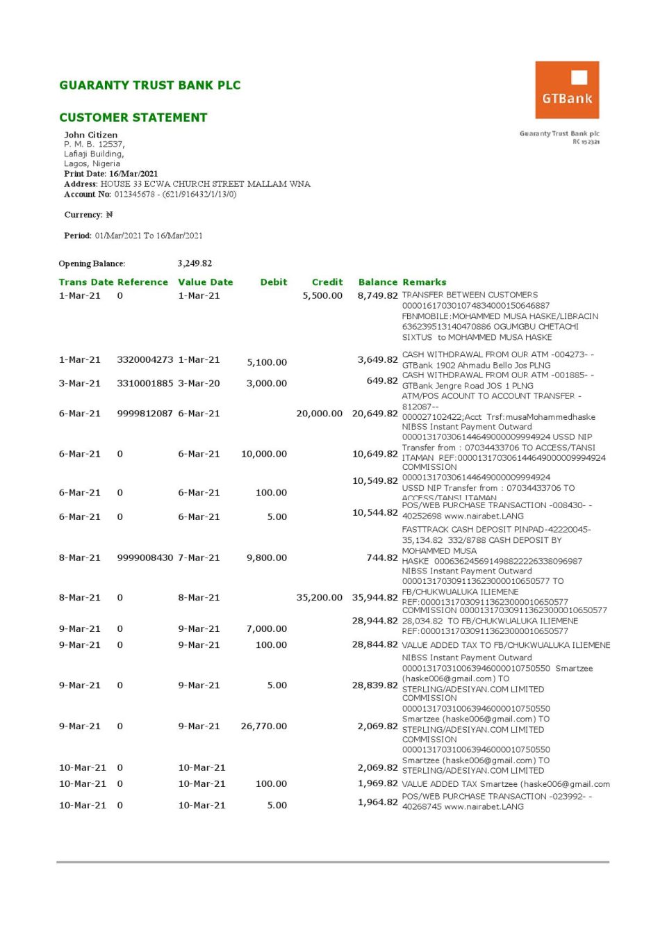Nigeria GTBank bank statement template in .xls and .pdf file format