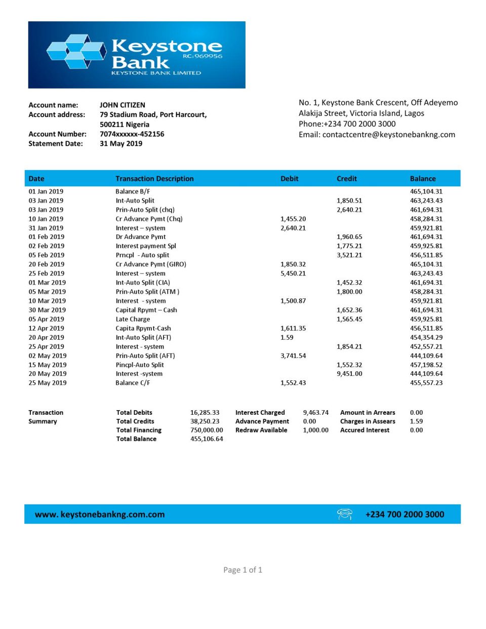 Nigeria Keystone Bank statement template in Word and PDF format, good for address prove