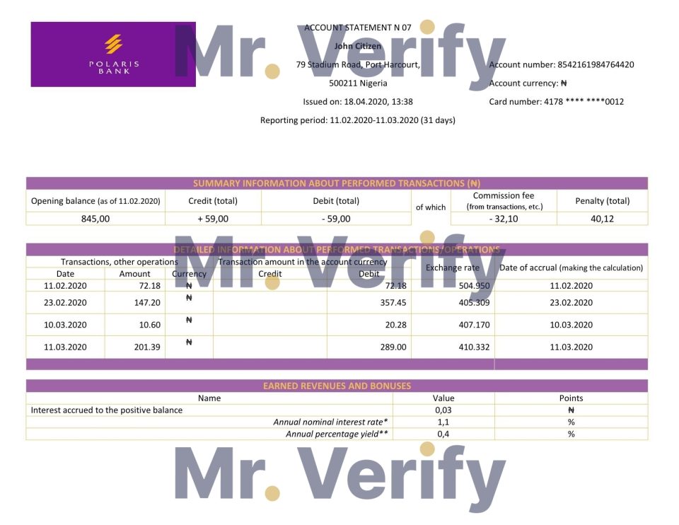 Nigeria Polaris Bank statement template in Word and PDF format