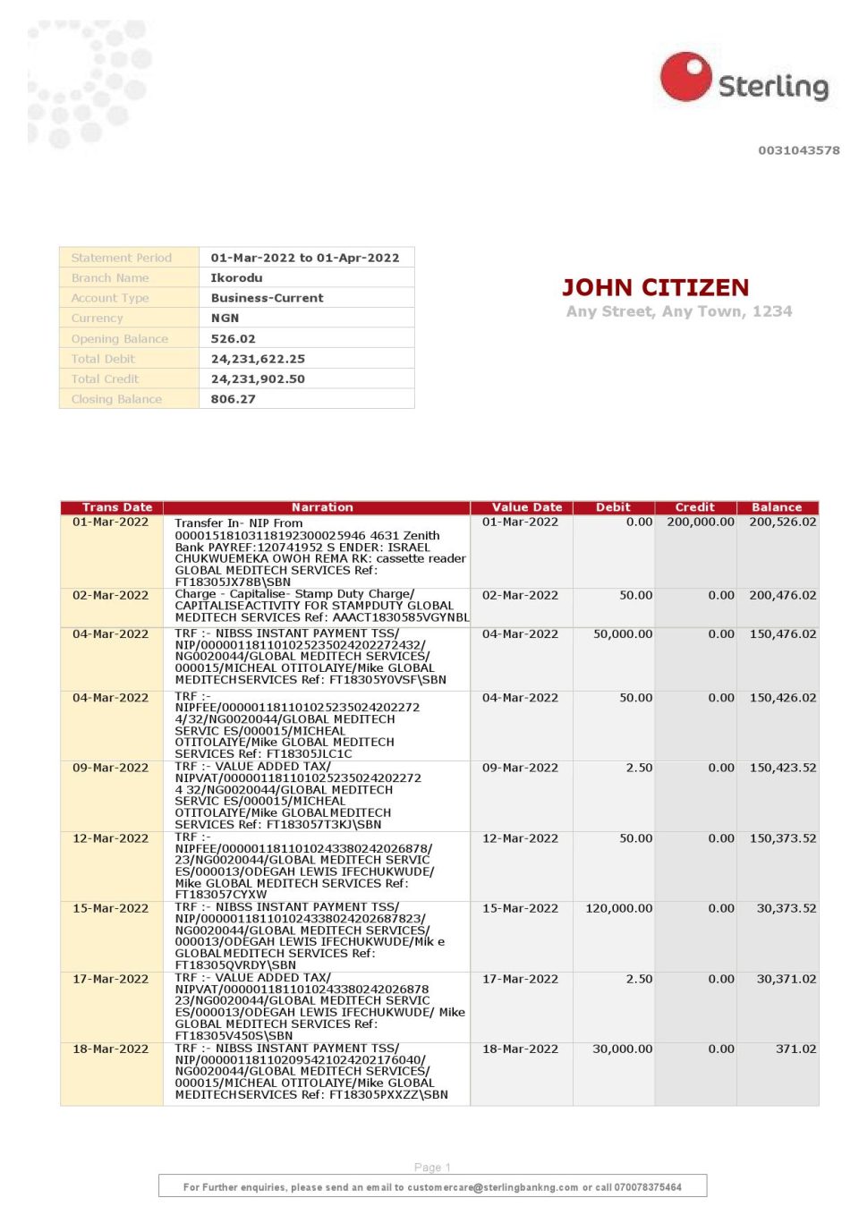 Nigeria Sterling bank statement Word and PDF template, 2 pages