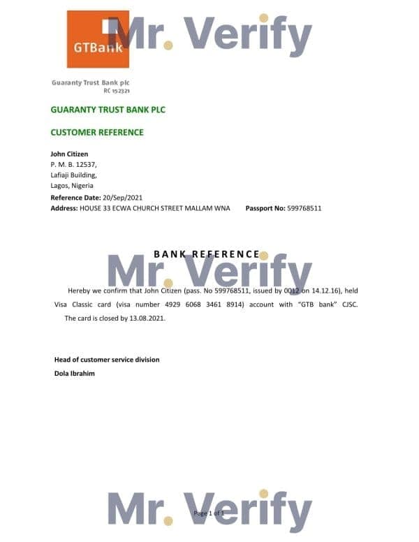 Download Nigeria GTBank Bank Reference Letter Templates | Editable Word