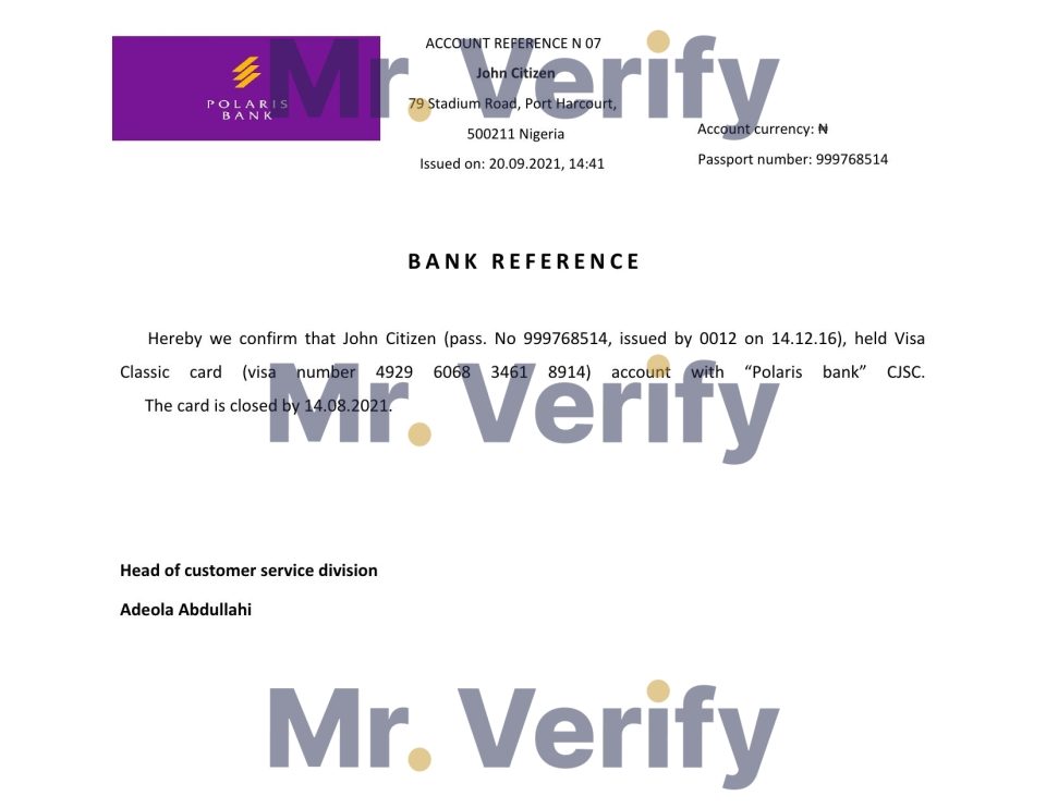Download Nigeria Polaris Bank Reference Letter Templates | Editable Word