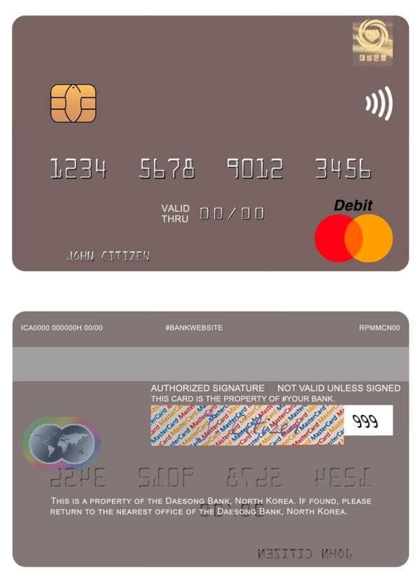 Editable North Korea Daesong Bank mastercard Templates in PSD Format